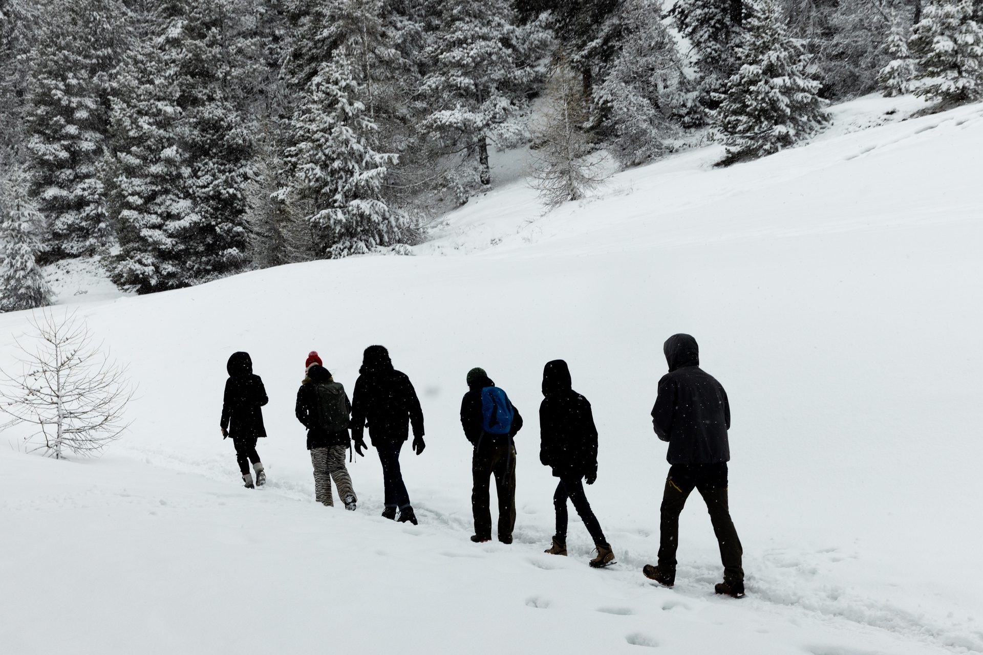 A group of people walking in single file across a snowy mountain slope